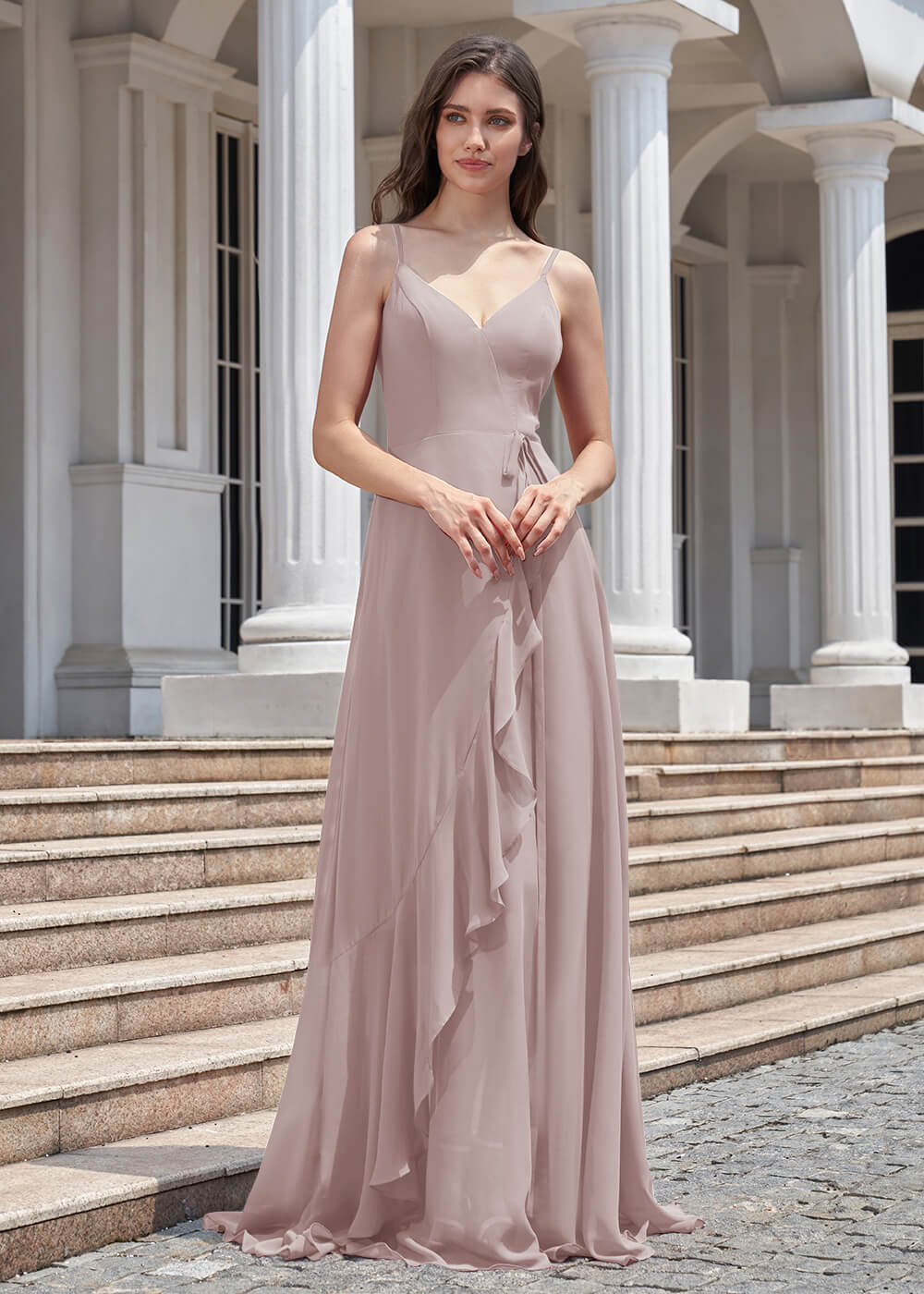 V-neck Spaghetti Strap V-Back Chiffon Floor Length Bridesmaid Dress