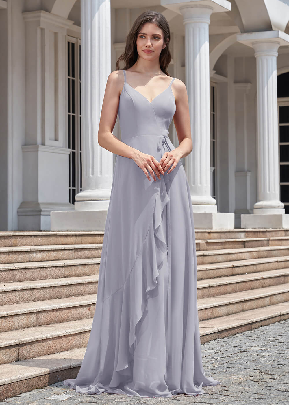 V-neck Spaghetti Strap V-Back Chiffon Floor Length Bridesmaid Dress