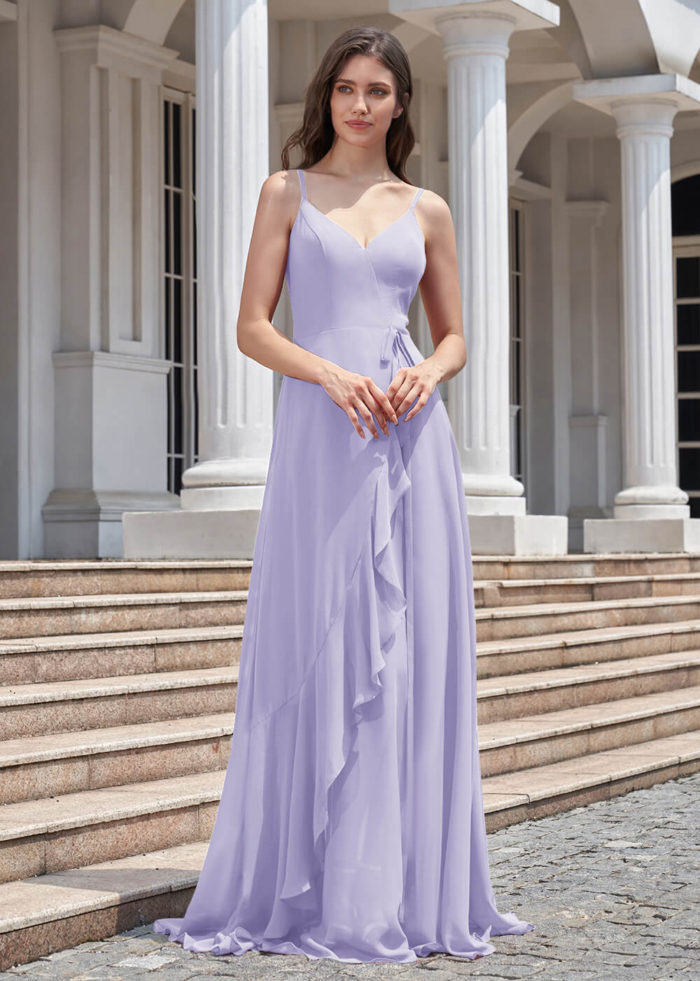 V-neck Spaghetti Strap V-Back Chiffon Floor Length Bridesmaid Dress