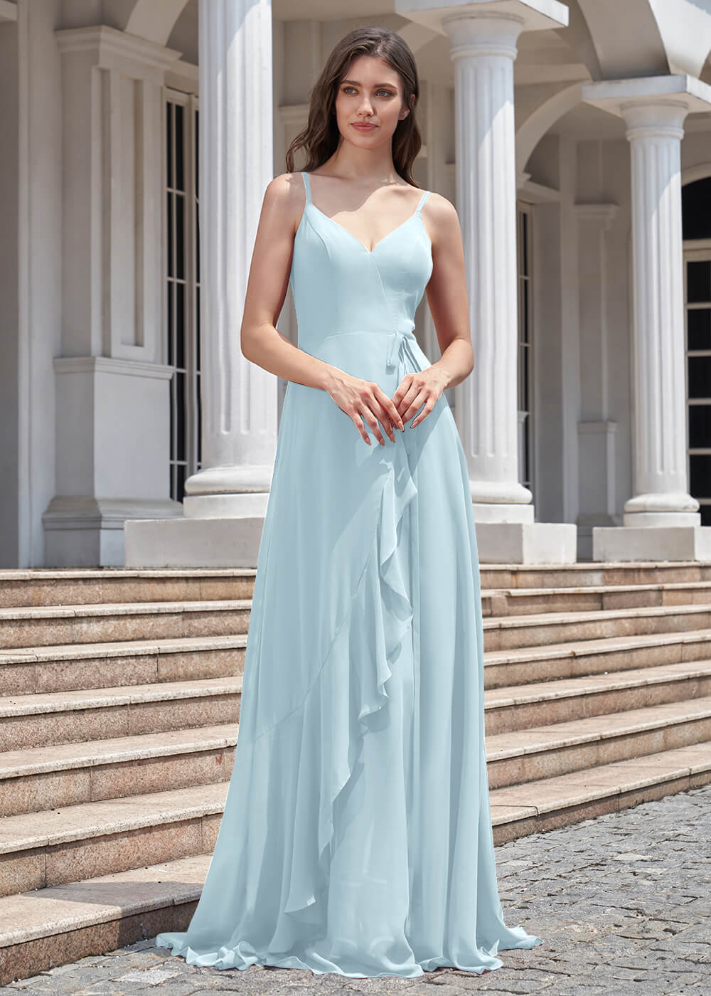 V-neck Spaghetti Strap V-Back Chiffon Floor Length Bridesmaid Dress