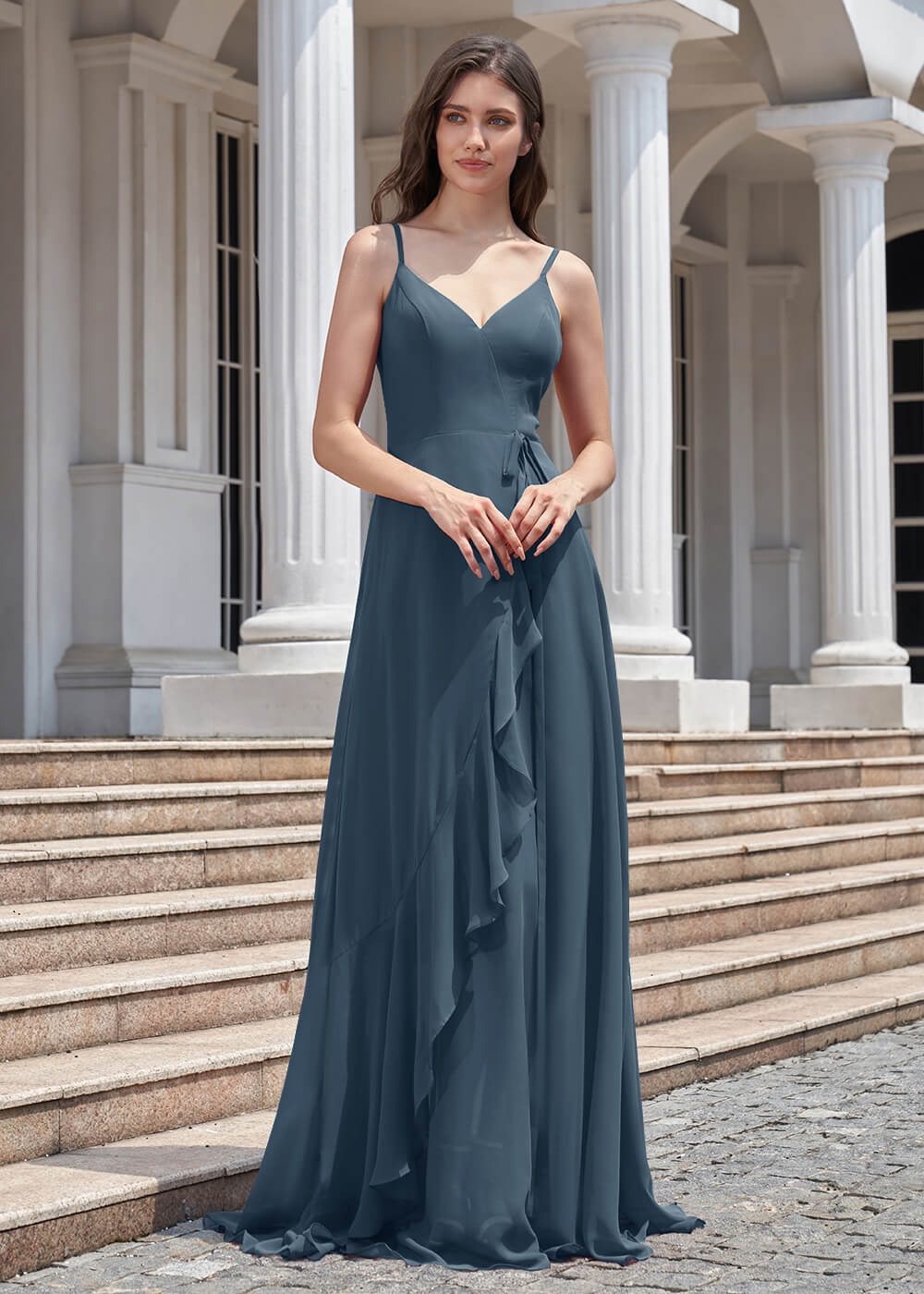 V-neck Spaghetti Strap V-Back Chiffon Floor Length Bridesmaid Dress