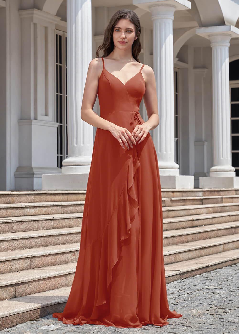 V-neck Spaghetti Strap V-Back Chiffon Floor Length Bridesmaid Dress