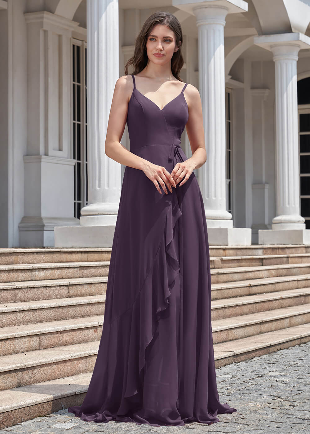 V-neck Spaghetti Strap V-Back Chiffon Floor Length Bridesmaid Dress
