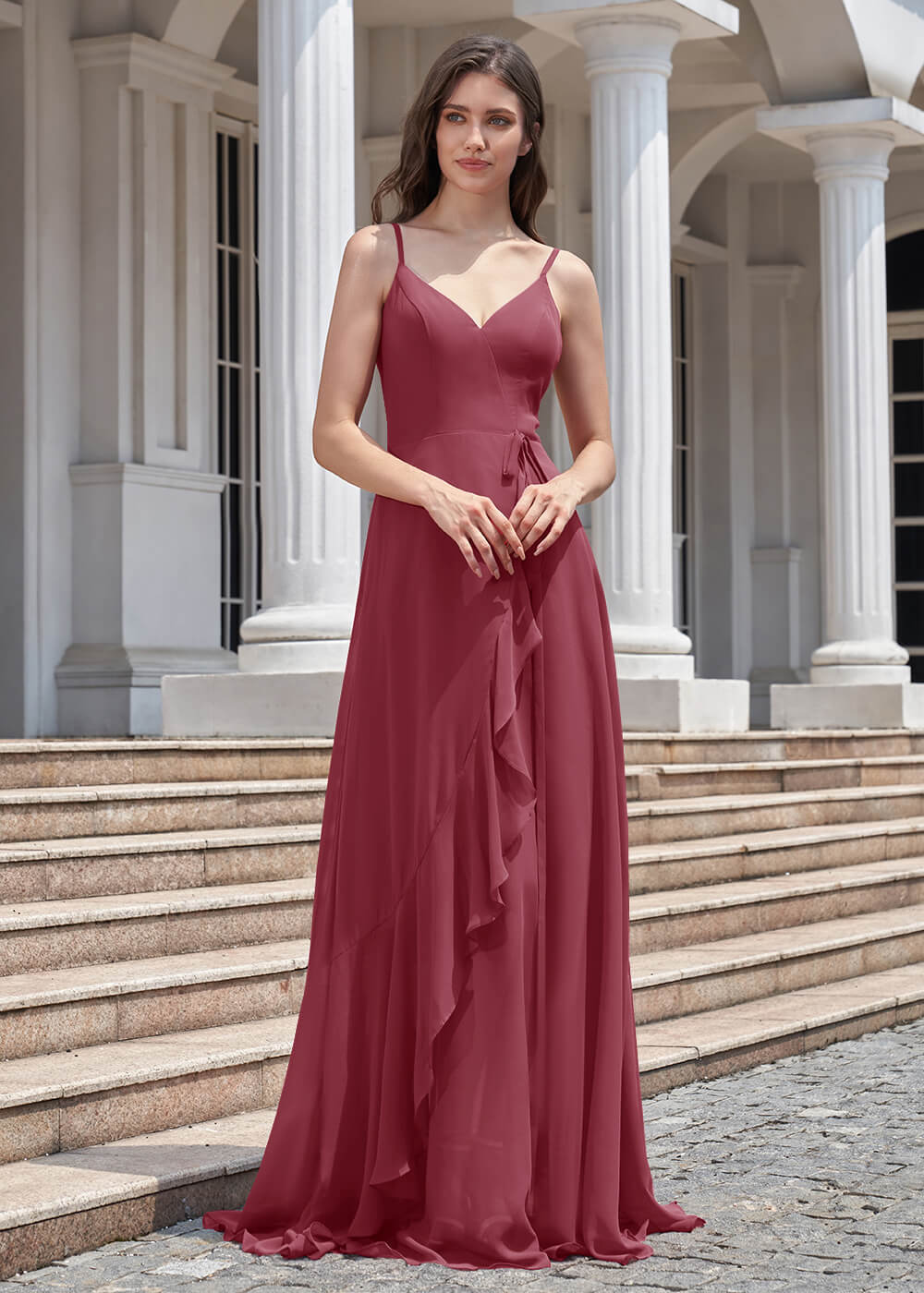 V-neck Spaghetti Strap V-Back Chiffon Floor Length Bridesmaid Dress