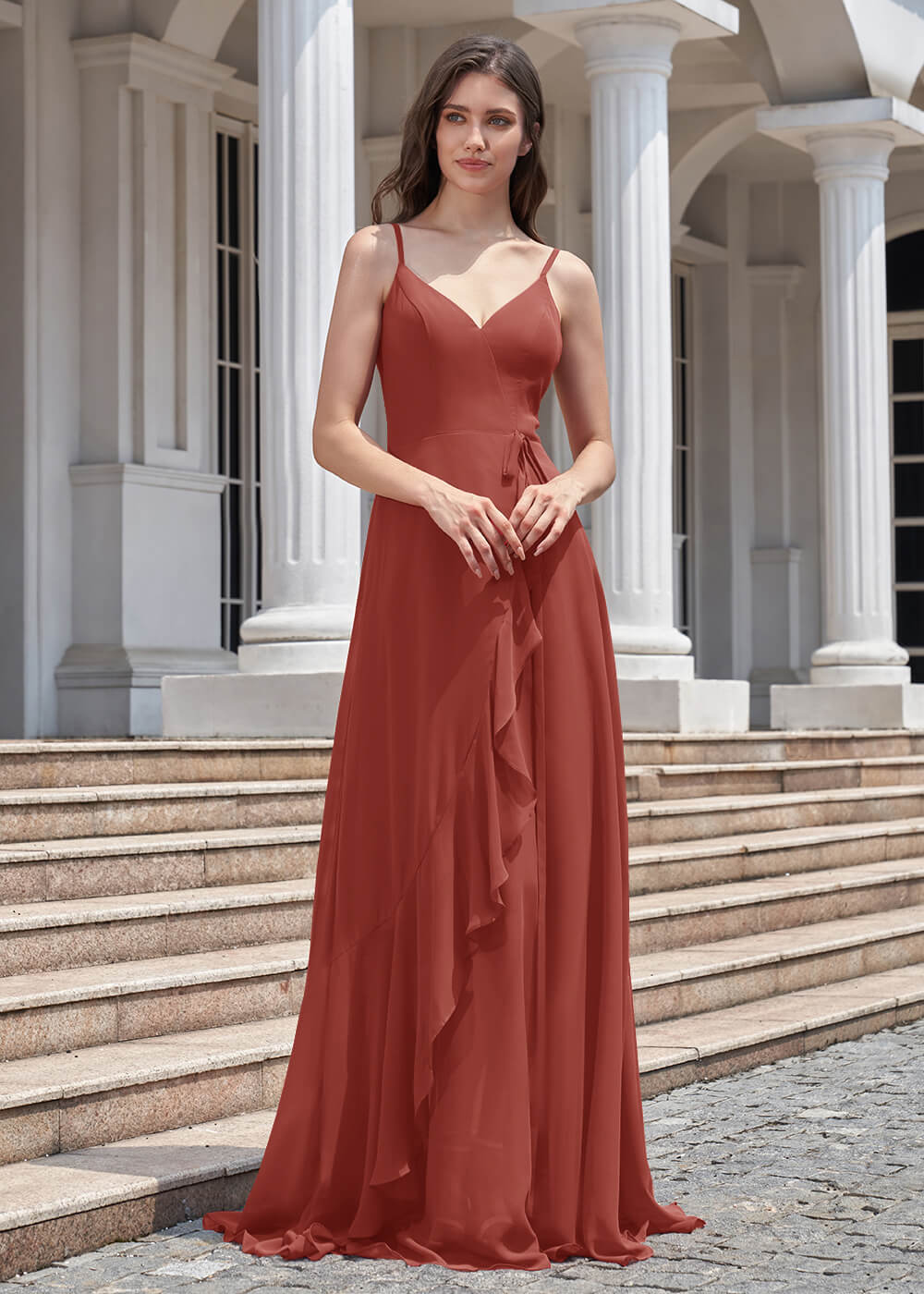 V-neck Spaghetti Strap V-Back Chiffon Floor Length Bridesmaid Dress