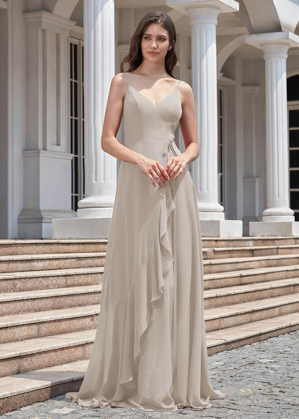 V-neck Spaghetti Strap V-Back Chiffon Floor Length Bridesmaid Dress