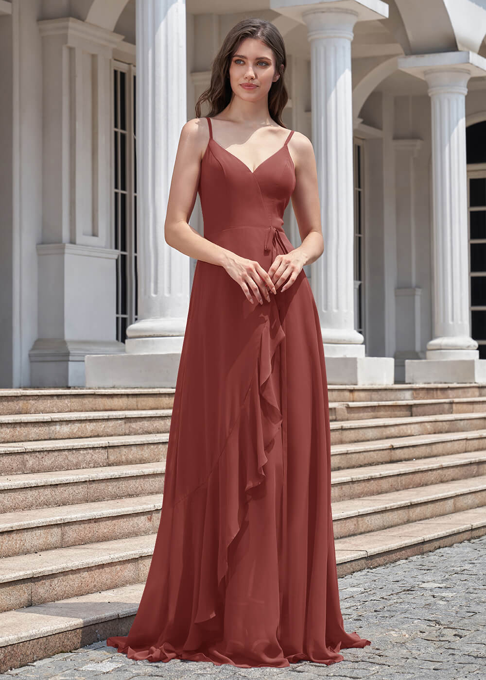V-neck Spaghetti Strap V-Back Chiffon Floor Length Bridesmaid Dress