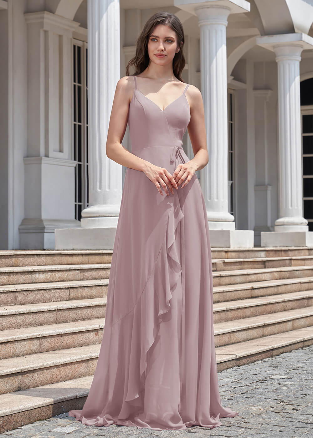V-neck Spaghetti Strap V-Back Chiffon Floor Length Bridesmaid Dress