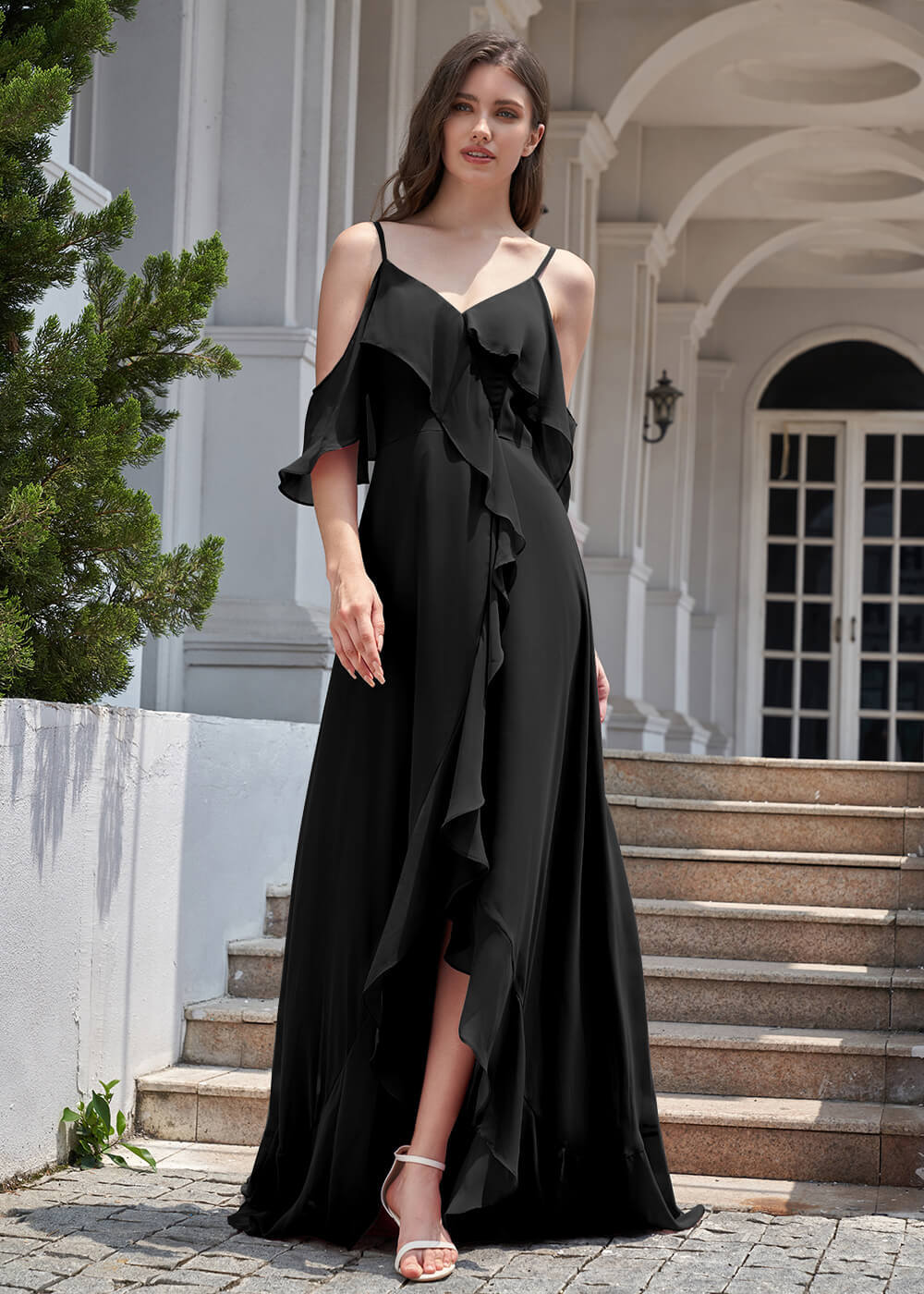 Chiffon Ruffles Cold Shoulder A-line Long Asymmetrical Bridesmaid Dress