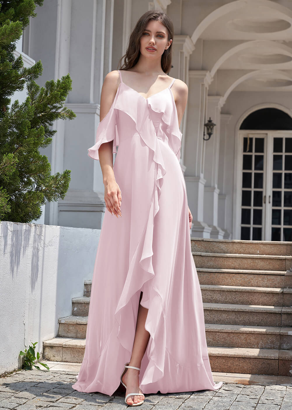 Chiffon Ruffles Cold Shoulder A-line Long Asymmetrical Bridesmaid Dress