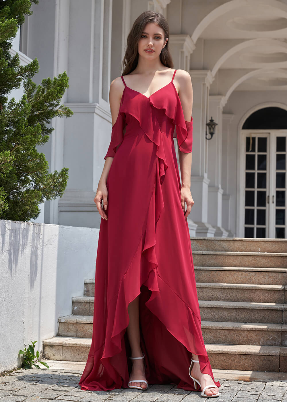Chiffon Ruffles Cold Shoulder A-line Long Asymmetrical Bridesmaid Dress