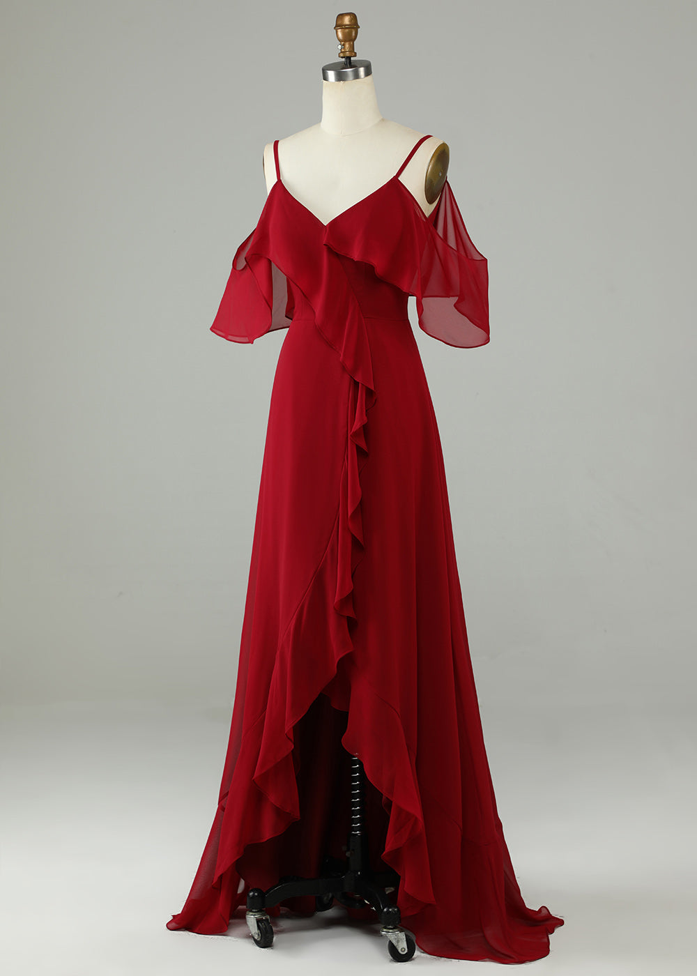 Chiffon Ruffles Cold Shoulder A-line Long Asymmetrical Bridesmaid Dress
