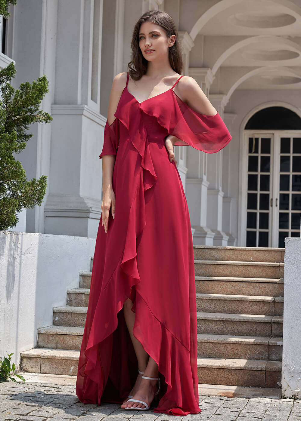 Chiffon Ruffles Cold Shoulder A-line Long Asymmetrical Bridesmaid Dress
