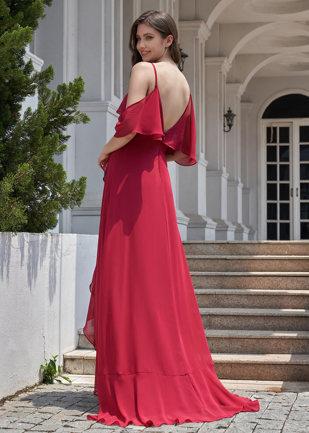 Chiffon Ruffles Cold Shoulder A-line Long Asymmetrical Bridesmaid Dress