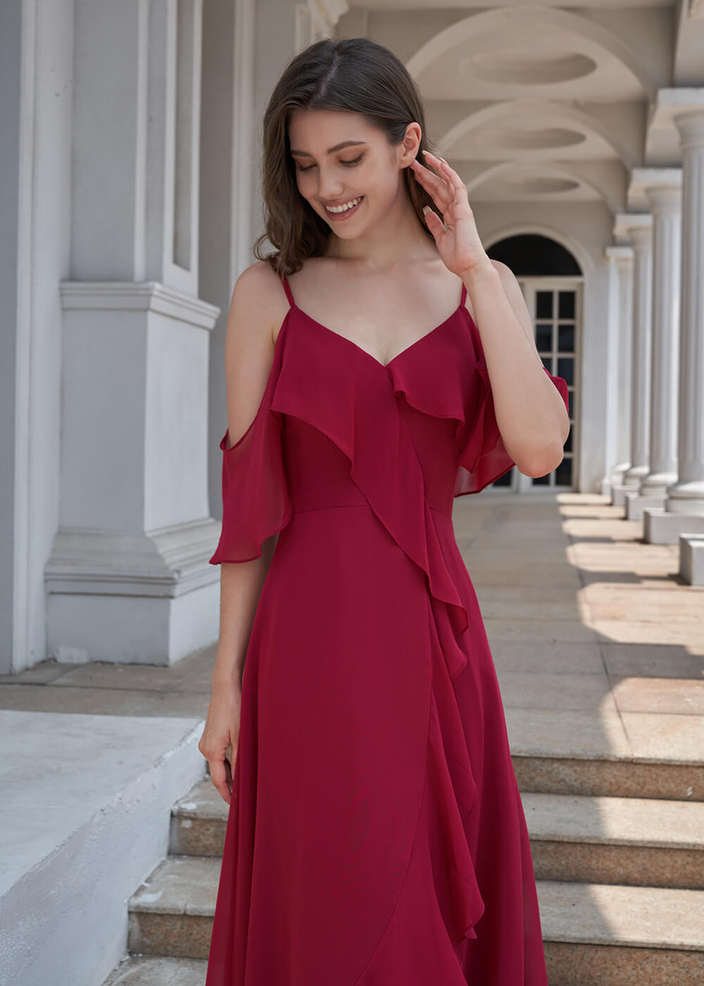 Chiffon Ruffles Cold Shoulder A-line Long Asymmetrical Bridesmaid Dress