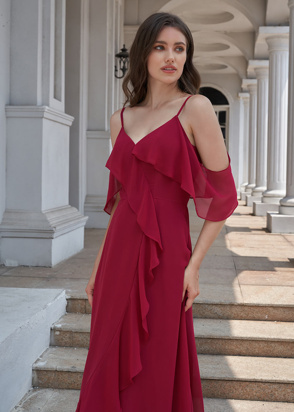 Chiffon Ruffles Cold Shoulder A-line Long Asymmetrical Bridesmaid Dress