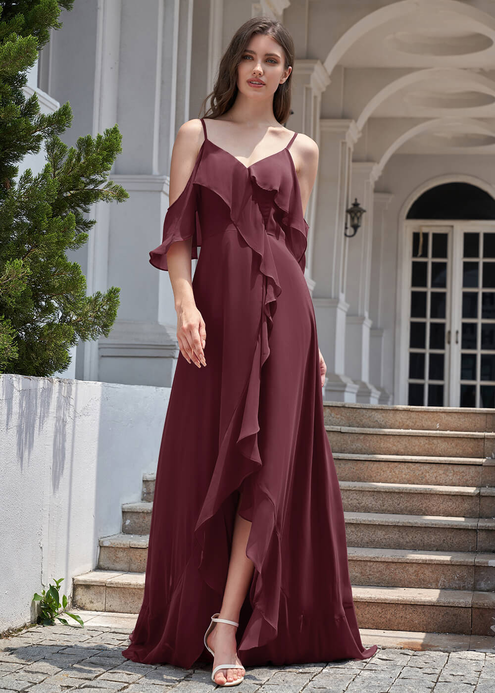 Chiffon Ruffles Cold Shoulder A-line Long Asymmetrical Bridesmaid Dress