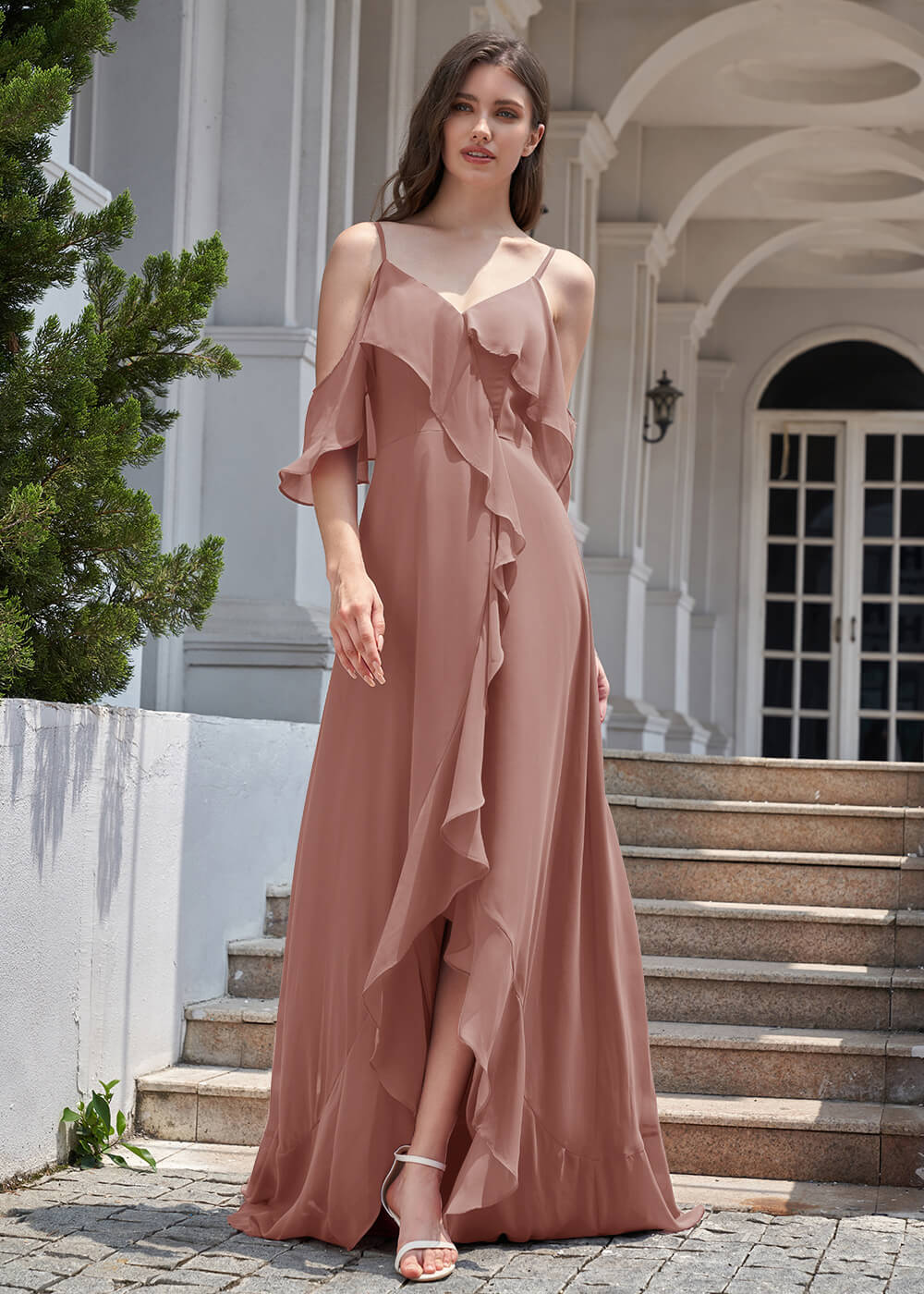 Chiffon Ruffles Cold Shoulder A-line Long Asymmetrical Bridesmaid Dress