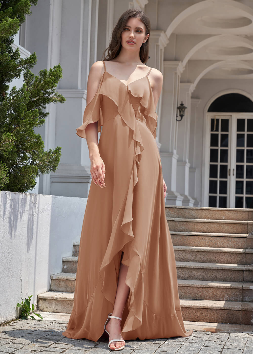 Chiffon Ruffles Cold Shoulder A-line Long Asymmetrical Bridesmaid Dress