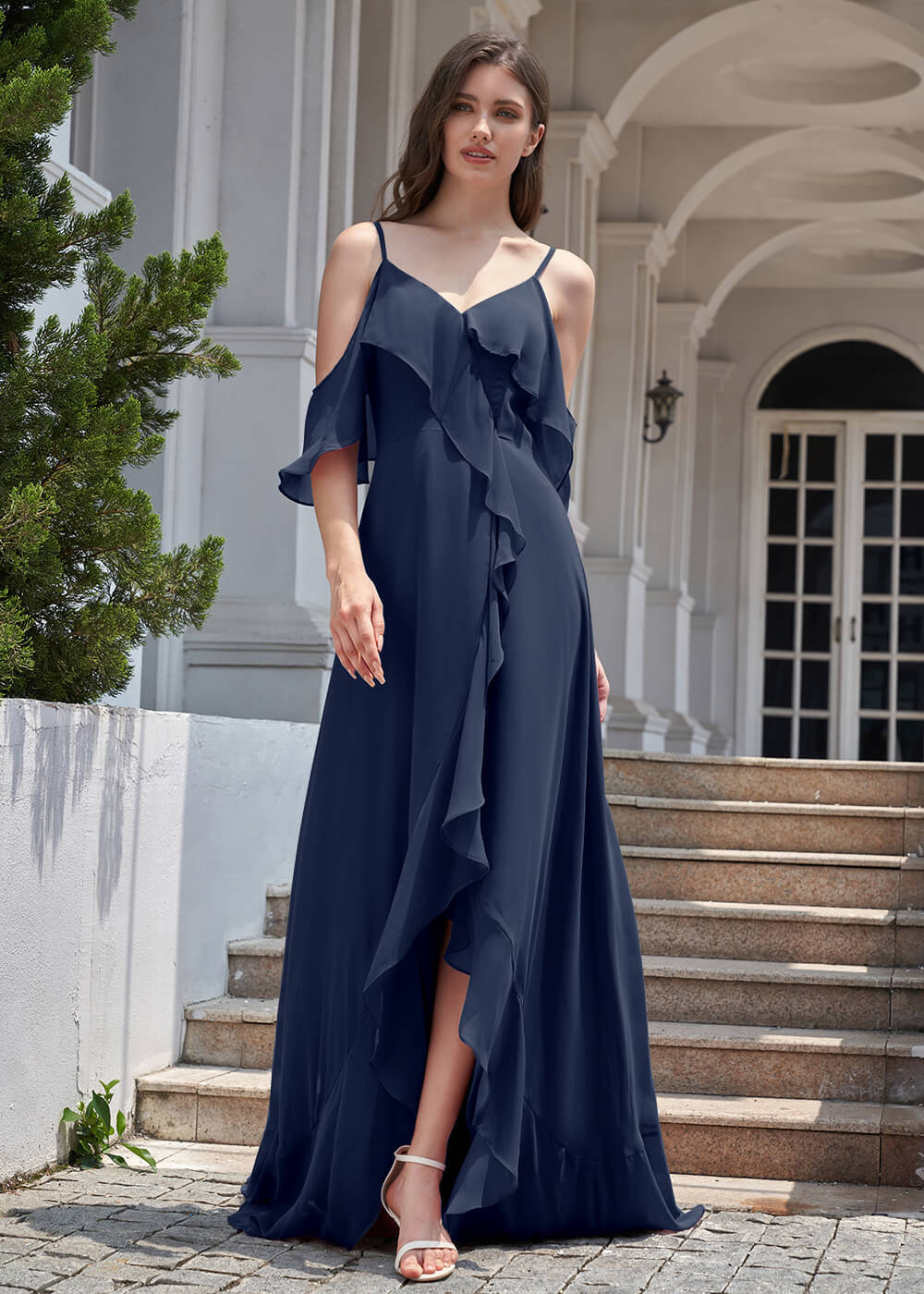 Chiffon Ruffles Cold Shoulder A-line Long Asymmetrical Bridesmaid Dress