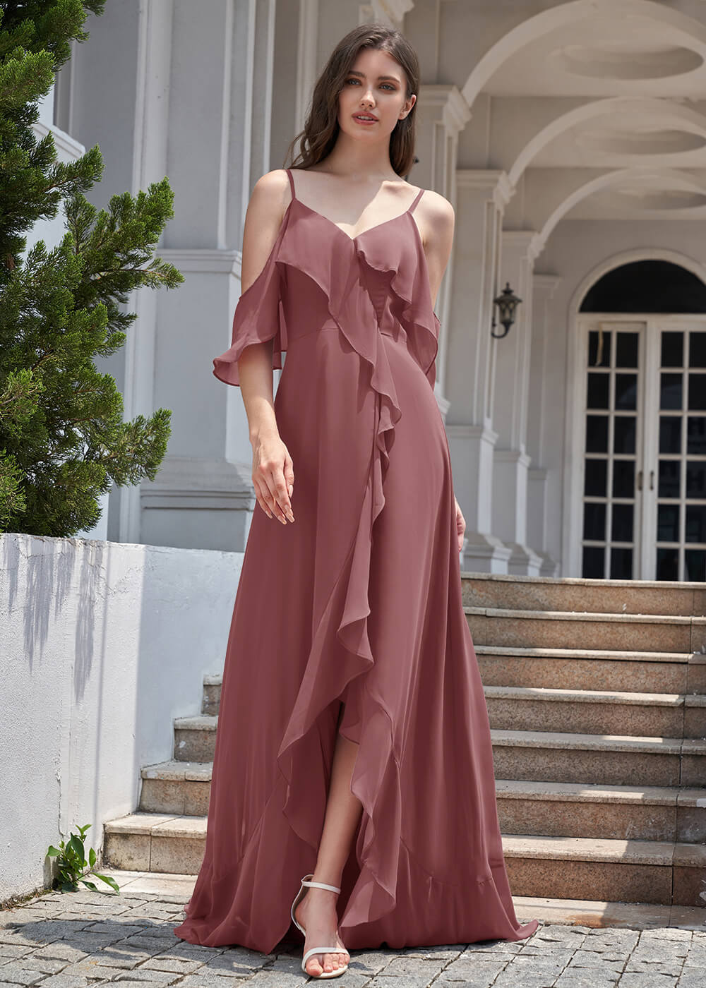 Chiffon Ruffles Cold Shoulder A-line Long Asymmetrical Bridesmaid Dress