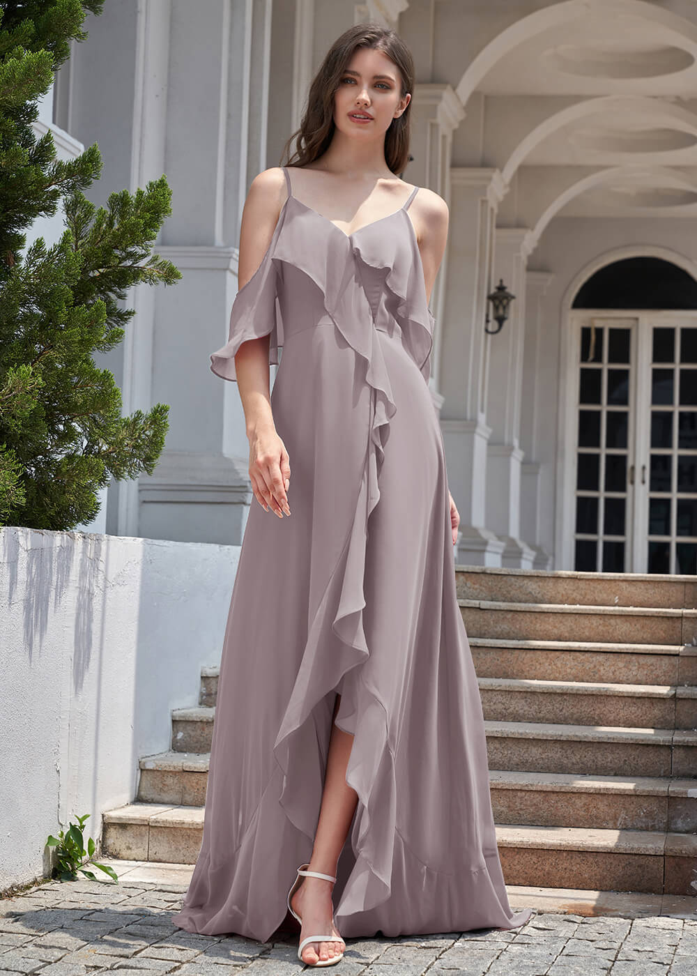 Chiffon Ruffles Cold Shoulder A-line Long Asymmetrical Bridesmaid Dress