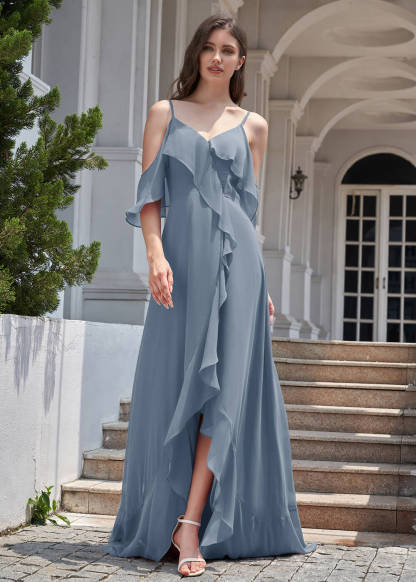 Chiffon Ruffles Cold Shoulder A-line Long Asymmetrical Bridesmaid Dress