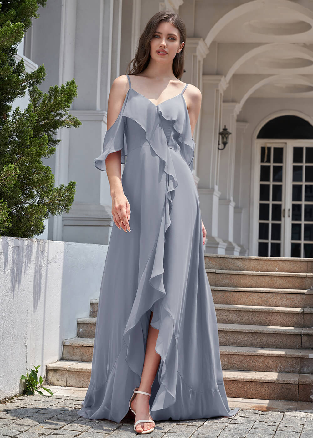 Chiffon Ruffles Cold Shoulder A-line Long Asymmetrical Bridesmaid Dress