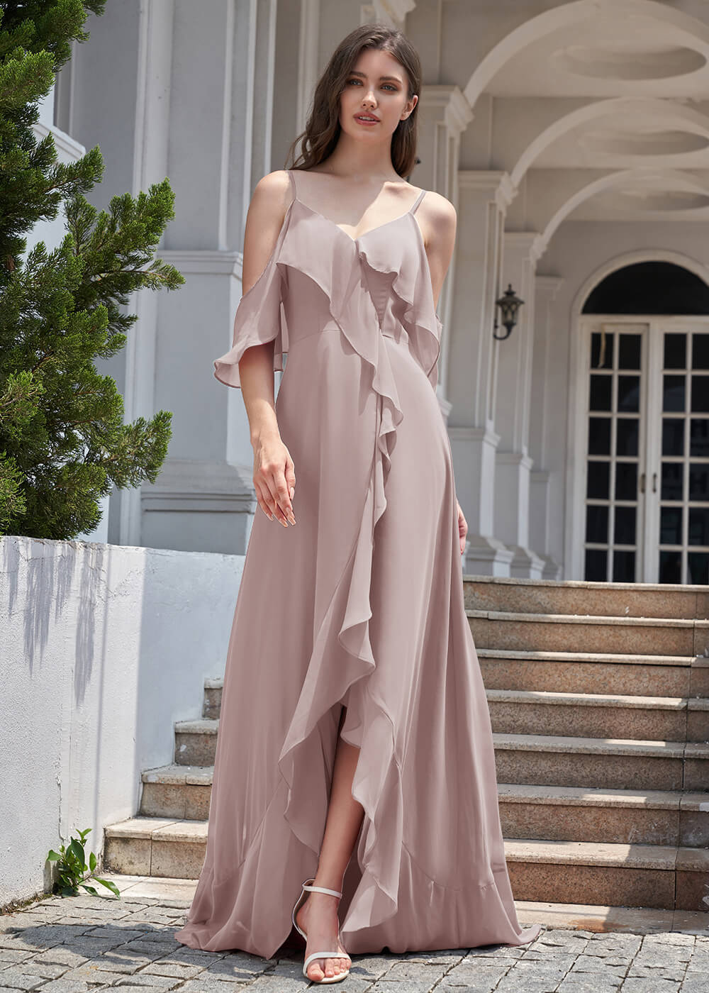 Chiffon Ruffles Cold Shoulder A-line Long Asymmetrical Bridesmaid Dress