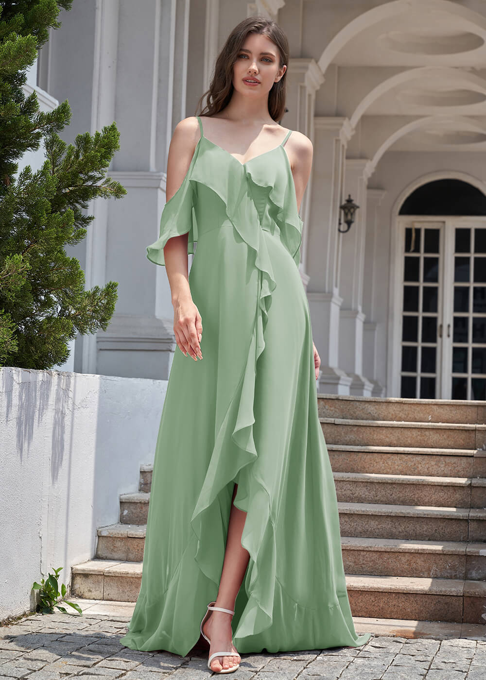 Chiffon Ruffles Cold Shoulder A-line Long Asymmetrical Bridesmaid Dress