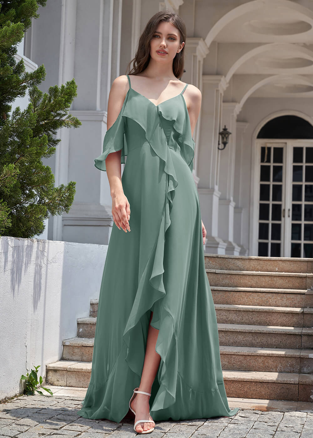 Chiffon Ruffles Cold Shoulder A-line Long Asymmetrical Bridesmaid Dress