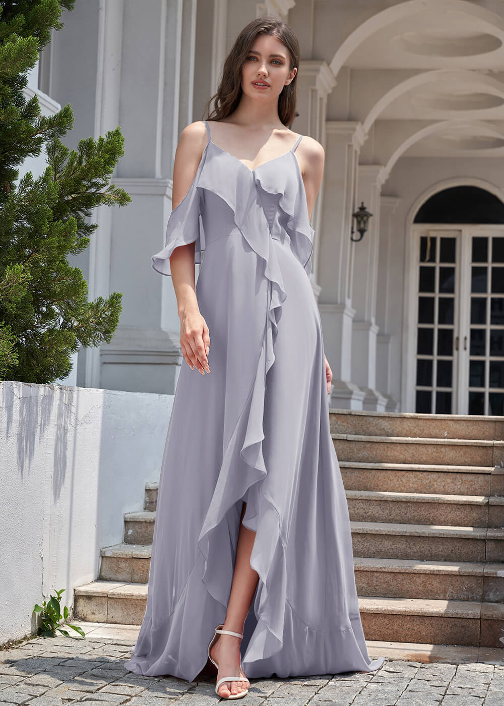 Chiffon Ruffles Cold Shoulder A-line Long Asymmetrical Bridesmaid Dress