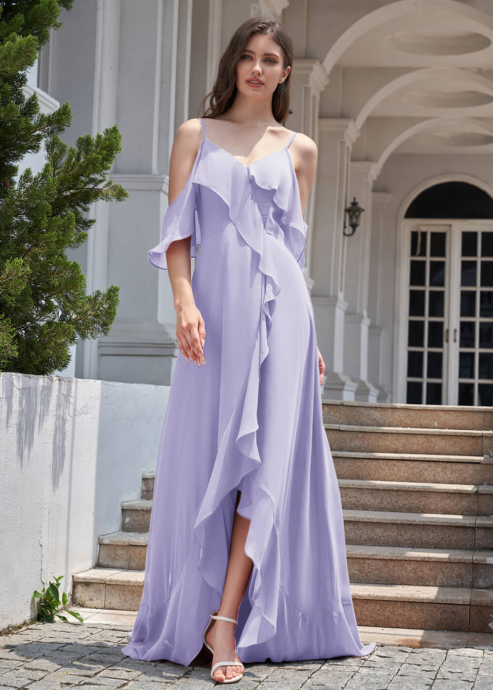 Chiffon Ruffles Cold Shoulder A-line Long Asymmetrical Bridesmaid Dress
