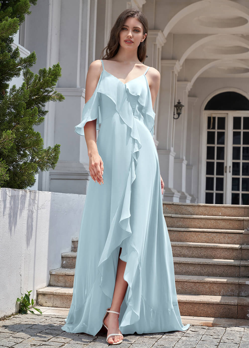 Chiffon Ruffles Cold Shoulder A-line Long Asymmetrical Bridesmaid Dress