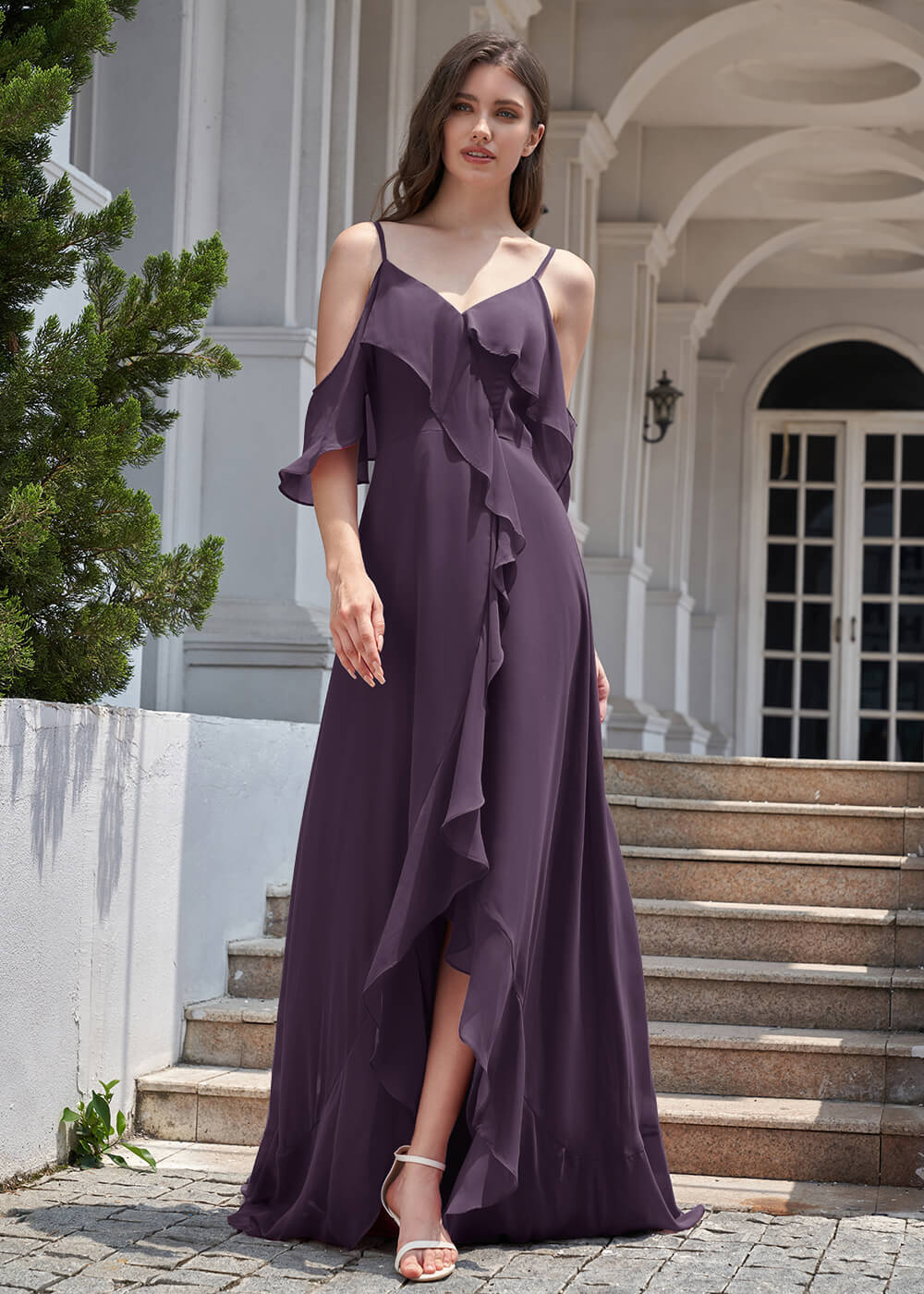 Chiffon Ruffles Cold Shoulder A-line Long Asymmetrical Bridesmaid Dress