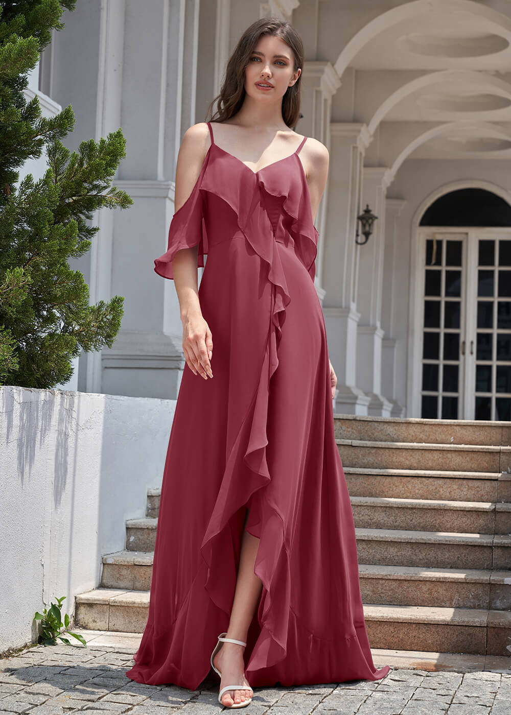 Chiffon Ruffles Cold Shoulder A-line Long Asymmetrical Bridesmaid Dress