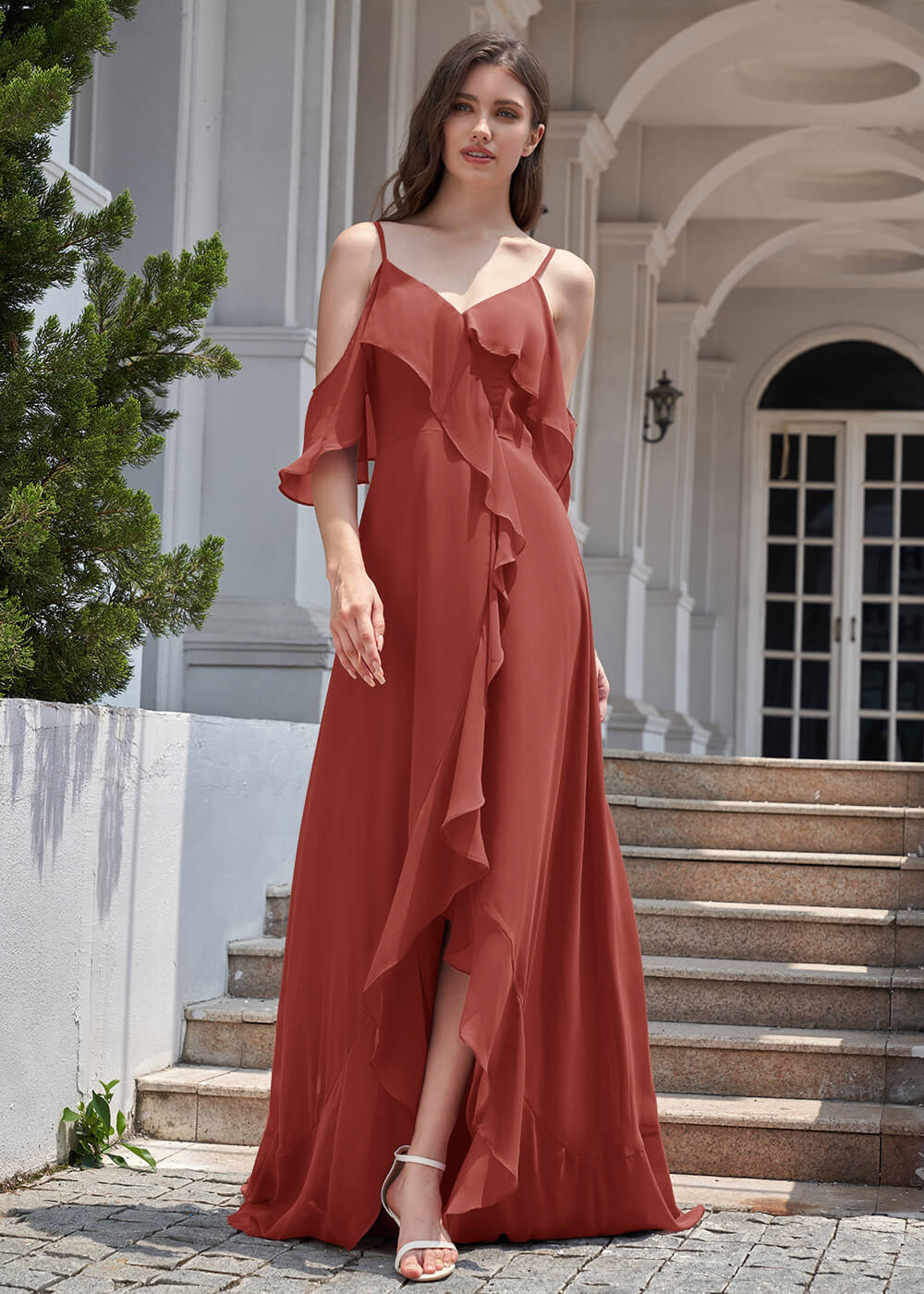 Chiffon Ruffles Cold Shoulder A-line Long Asymmetrical Bridesmaid Dress