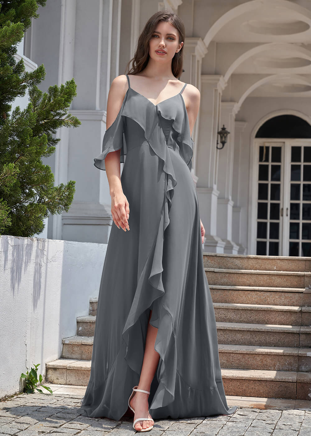 Chiffon Ruffles Cold Shoulder A-line Long Asymmetrical Bridesmaid Dress