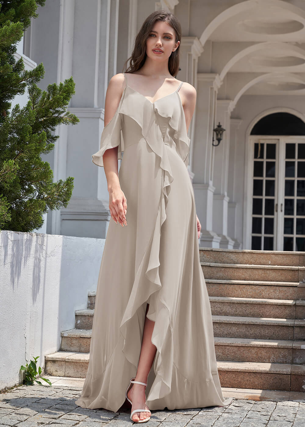 Chiffon Ruffles Cold Shoulder A-line Long Asymmetrical Bridesmaid Dress