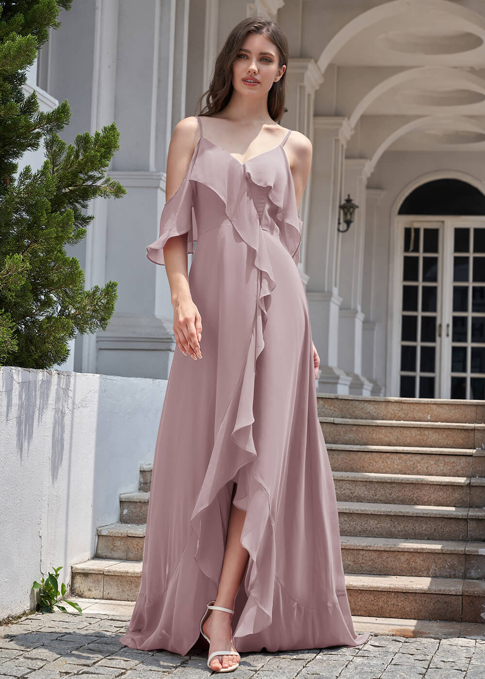 Chiffon Ruffles Cold Shoulder A-line Long Asymmetrical Bridesmaid Dress