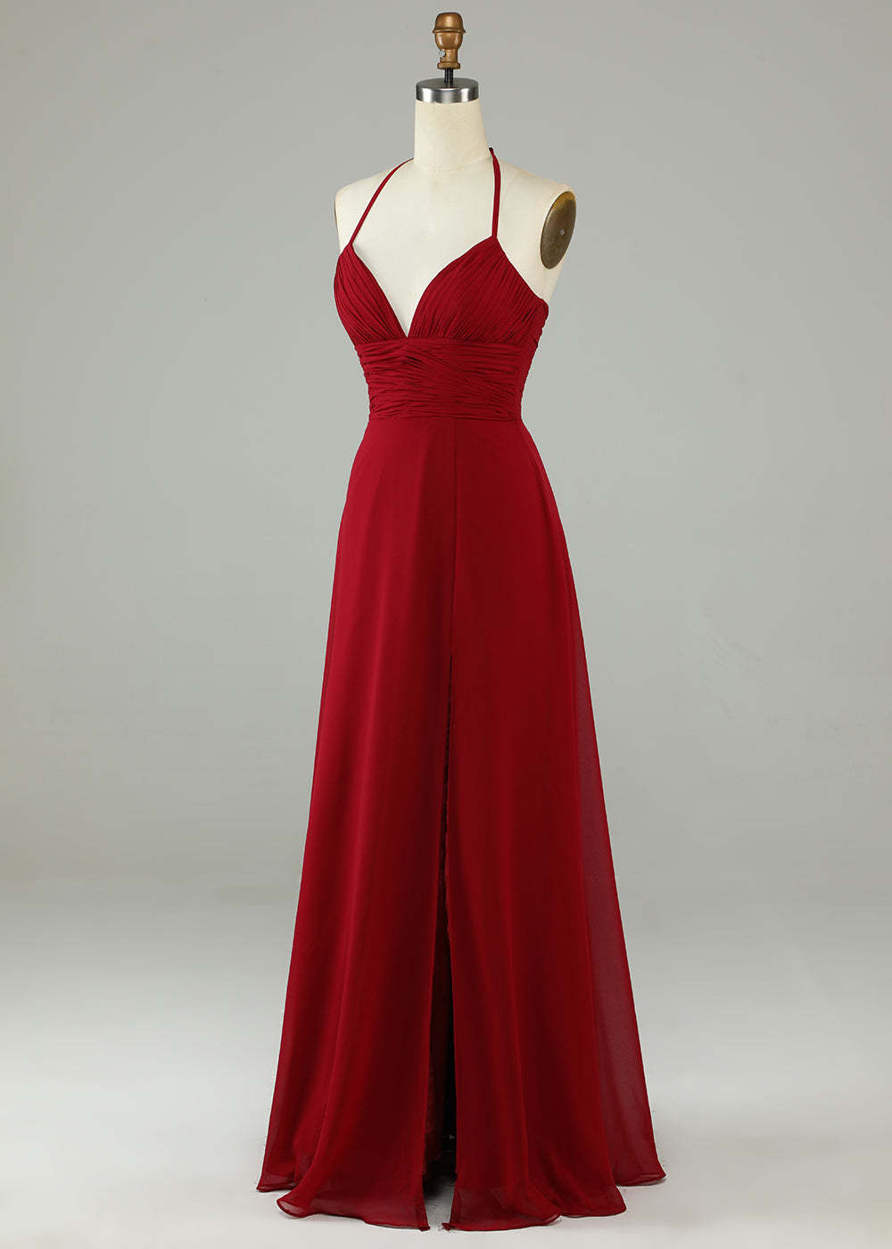 Deep V Halter Neck Pleated A-line Chiffon Long Bridesmaid Dress