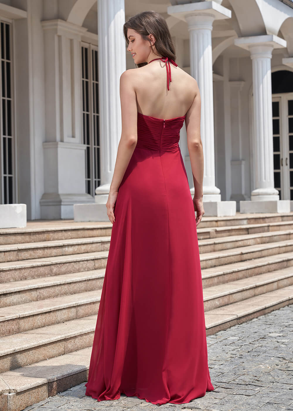 Deep V Halter Neck Pleated A-line Chiffon Long Bridesmaid Dress