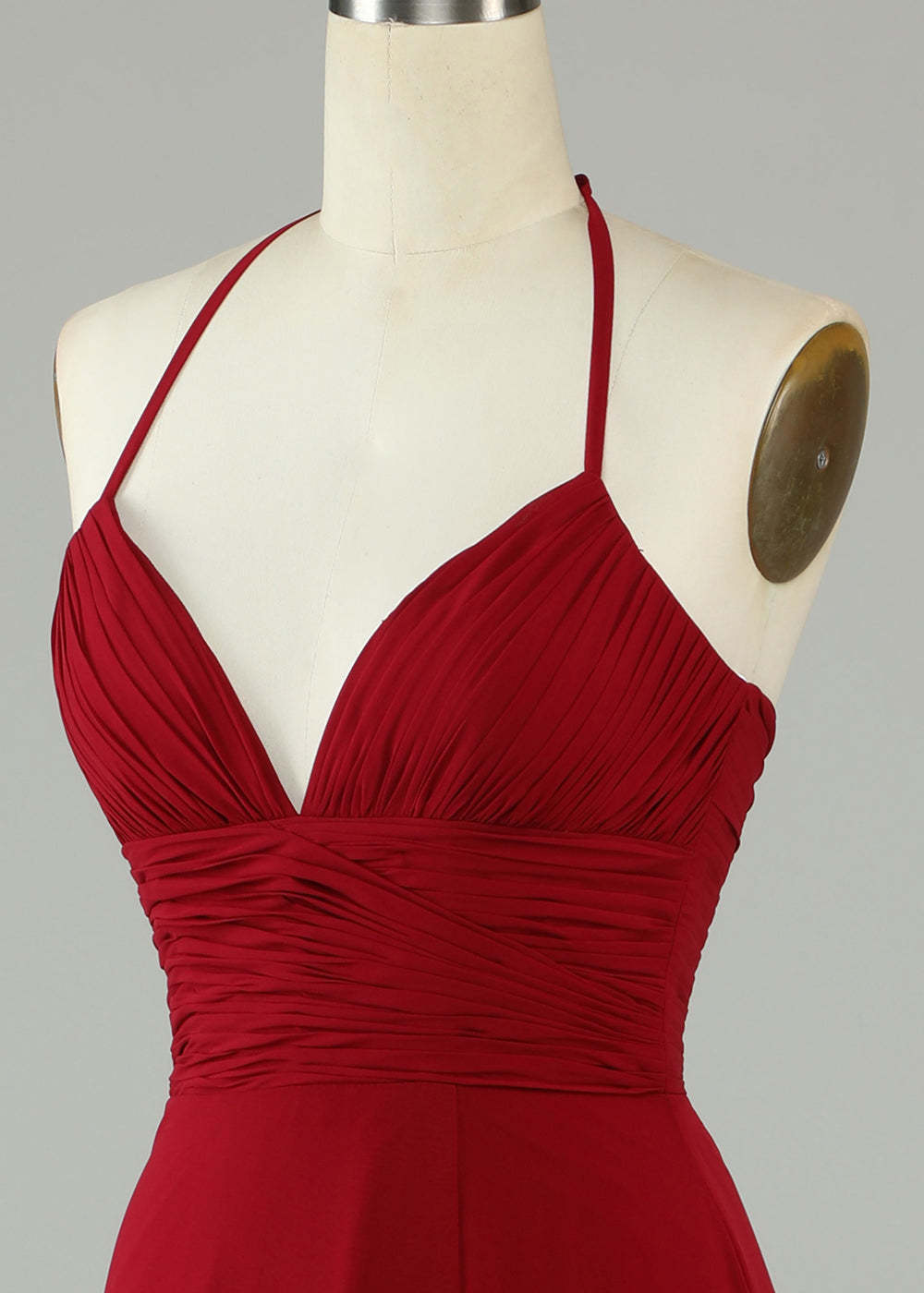 Deep V Halter Neck Pleated A-line Chiffon Long Bridesmaid Dress