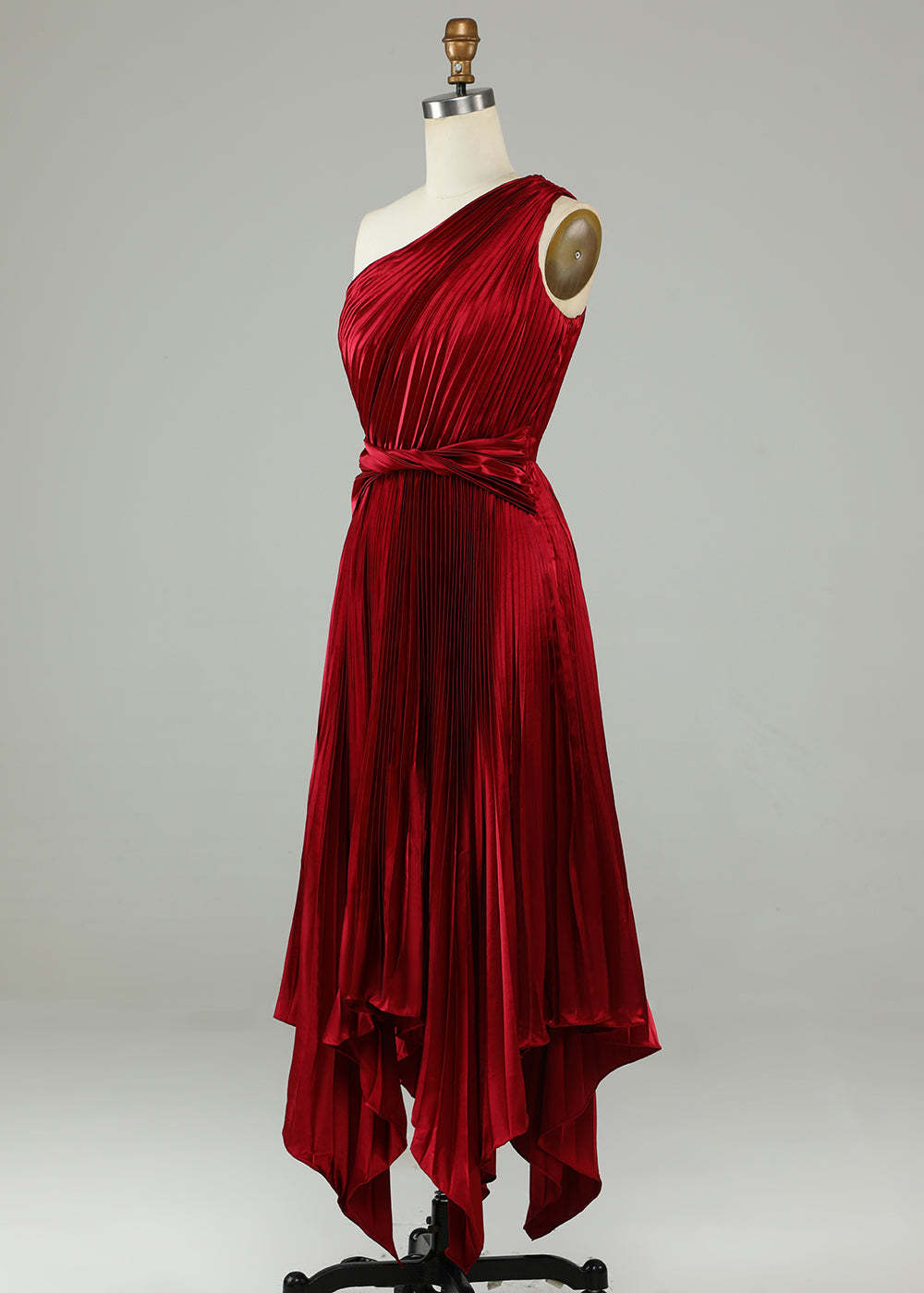 One Shoulder Satin Pleated Tea Length Asymmetrical Bridesmaid Dress