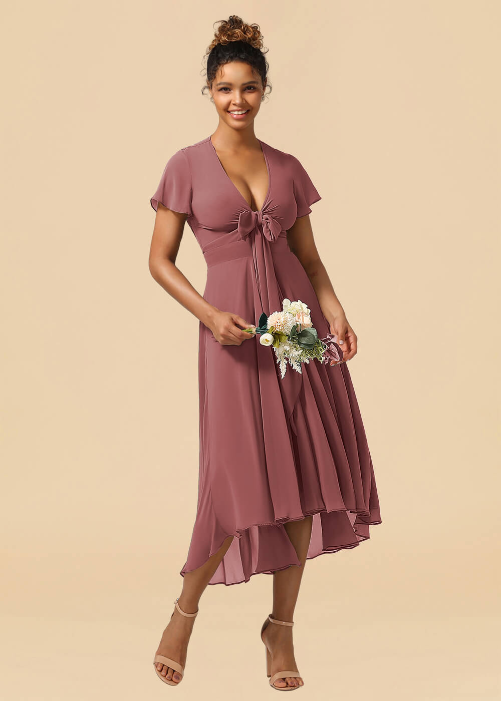 V-neck Cap Sleeve Tea Length High Low Chiffon A-line Bridesmaid Dress