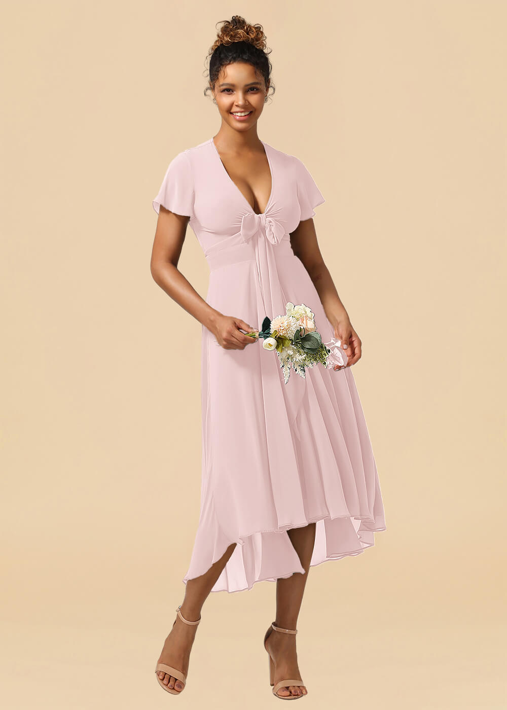 V-neck Cap Sleeve Tea Length High Low Chiffon A-line Bridesmaid Dress