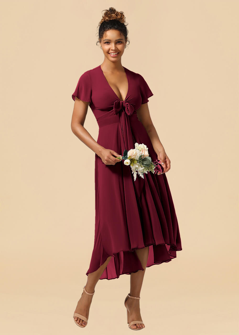 V-neck Cap Sleeve Tea Length High Low Chiffon A-line Bridesmaid Dress