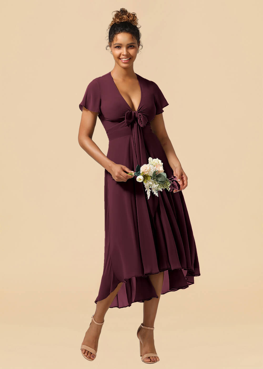 V-neck Cap Sleeve Tea Length High Low Chiffon A-line Bridesmaid Dress