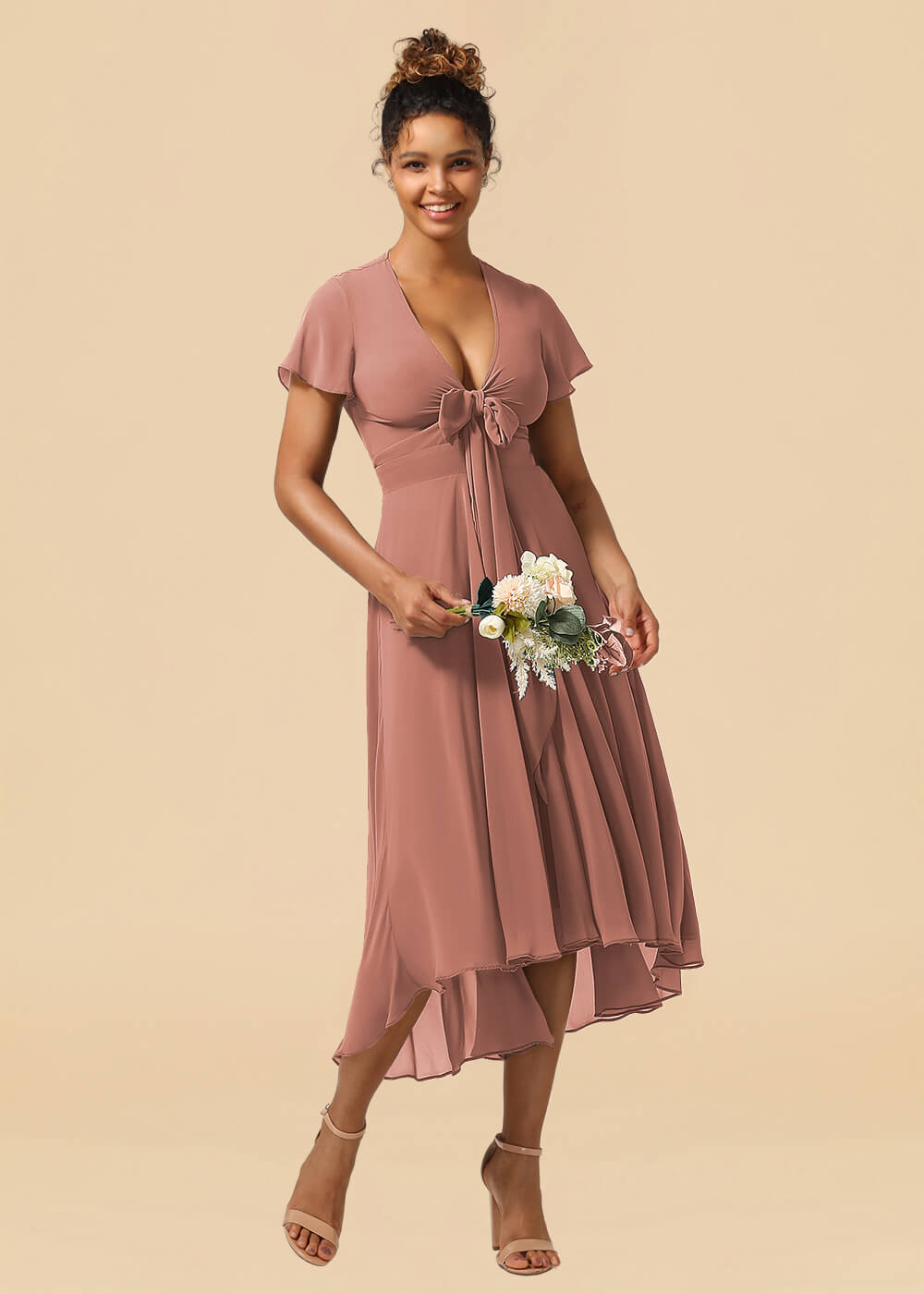 V-neck Cap Sleeve Tea Length High Low Chiffon A-line Bridesmaid Dress