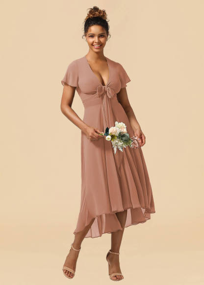 V-neck Cap Sleeve Tea Length High Low Chiffon A-line Bridesmaid Dress